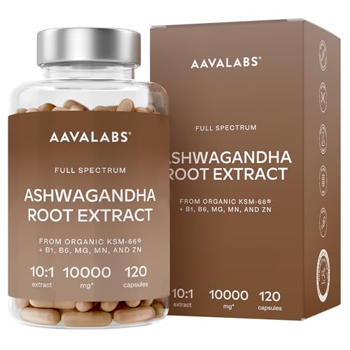 Ashwagandha KSM 66 -1000mg (Highly Concentrated 10:1 Extract Ratio Equivalent to 10,000mg per Serving)of which 5% Withanolides-with Vitamin B6, B1, Zinc, Magnesium & Manganese-120 Ashwagandha Capsules