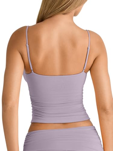 Image of PINKMSTYLE Women's Sexy V Neck Ruched Cami Top Sleeveless Spaghetti Double Layer Fitted Crop Tank Tops