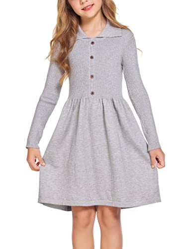 Image of Flypigs Girls' Winter Dress Long Sleeve Knitted Dress Children's Plain Skater Dress Festive Elegant Casual Dress Gray 4-5 Years 104 110