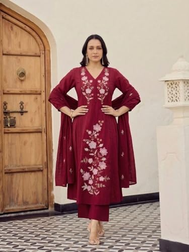 Image of ANNI Designer Kurta Set for Women Viscose Embroidered | Kurti Set for Woman | A Line Kurta Palazzo Dupatta 3 Piece Outfit | V Neck 3 /4 Sleeve Regular Fit Ethnic Dress Stylish Clothing