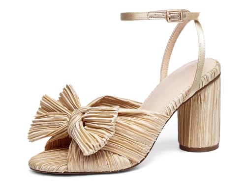 VETASTE Women's Bow Knot Heeled Sandals Bridal Wedding Open Toe Ankle Strap Chunky Heels