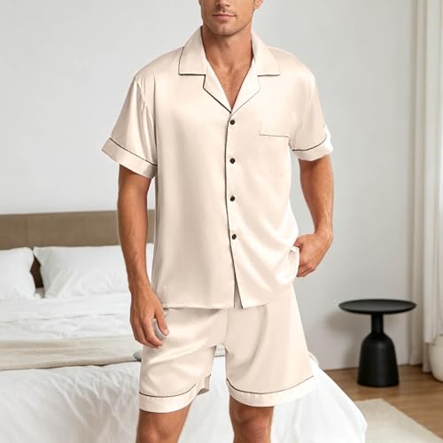 Pijama de satén para hombre de manga corta y pantalón corto con botones para verano de dos piezas 3