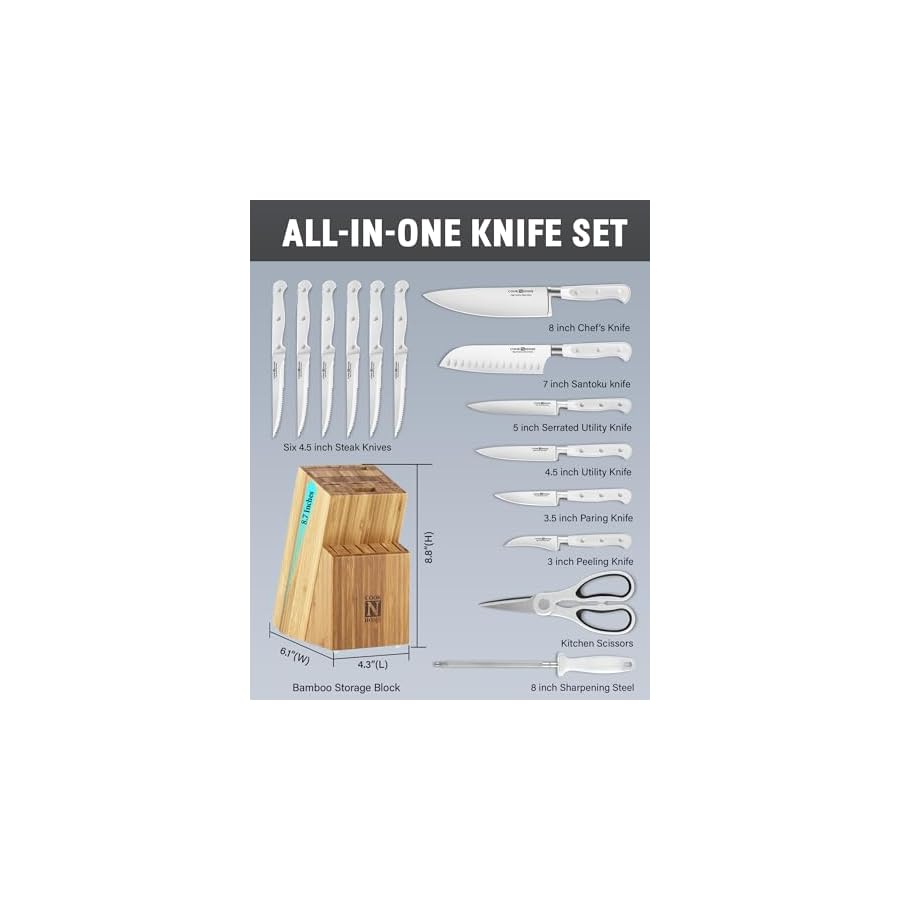 Cook-N-Home-Kitchen-Knife-Set-with-Bamboo-Storage-Block-15-Piece-High-Carbon-Stainless-Steel-Blade-White Cook N Home Kitchen Knife Set with Bamboo Storage Block 15-Piece, High Carbon Stainless Steel Blade, White