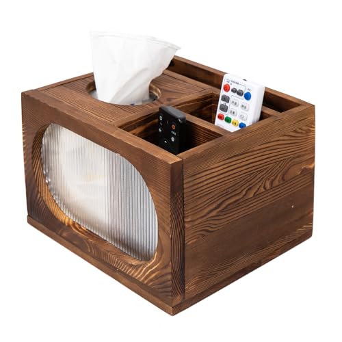 Panier de télécommande de luxe en bois brûlé et son distributeur de mouchoirs chic