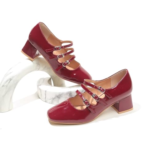 Women's Closed Round Toe Mary Jane Pumps Shoes Adjustable Strap Patent Leather Retro Low Chunky Heels Pump Shoes 1.89 Inch3