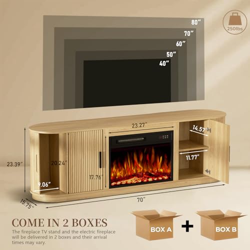 Image of Waleaf 70 inch Fluted Fireplace TV Stand with 23 inch Electric Fireplace for TVs Up to 80 inch, Entertainment Center with Sliding Door, Curved Profile Design, Wood Console for Living Room, Wood