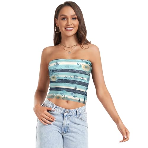 Camiseta de tubo azul con diseño de margaritas a rayas náuticas para mujer, sin tirantes, camisetas de tubo de malla, camisetas de tubo sexy (S), Margarita a rayas náuticas, color azul, M