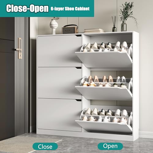 Image of Xixini Shoe Storage Cabinet for Entryway with 6 Flip Drawers, Sturdy Wood Hidden Shoe Storage, Freestanding Narrow Slim Shoe Organizer for Front Door Entrance, Living Room, Hallway, Bedroom, White