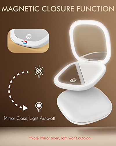 Lighted Compact Mirror For Purses: Mini Travel Magnifying Mirrors With Auto-Off Light Pocket Size Make Up Mirror For Purse Folding Rechargeable Vanity Makeup Mirror Dimmable 3 Colors For Home Office #TOP1