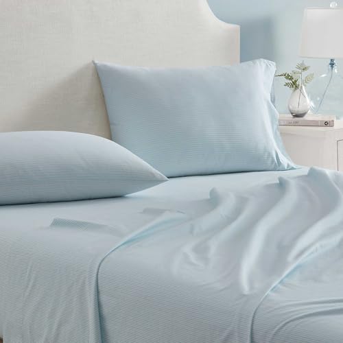 Image of Martha Stewart - Queen Size Sheets Set, Crisp & Tailored Cooling Sheets w /a Naturally Smooth Cotton Percale Lightweight Feel - Bed Sheets with Matching Pillowcases & Fitted Sheet (Stripe Blue)
