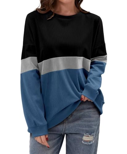 KISSMODA Womens Casual Long Sleeve Sweatshirts Color Block/Solid Tops Corduroy Crewneck Tunic Pullover with Pockets