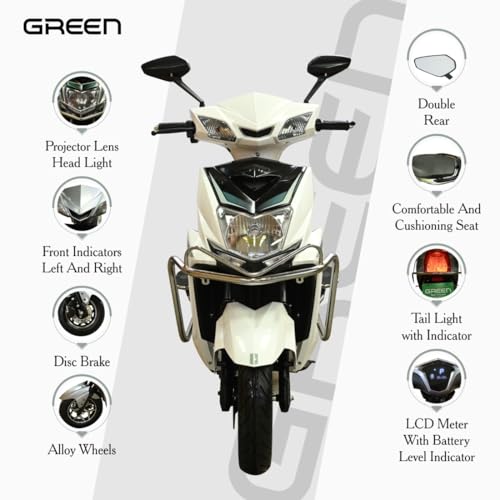 Image of Green Invicta Low Speed Electric Scooter with Steel Frame Non RTO 60KM Range White with Portable Charger
