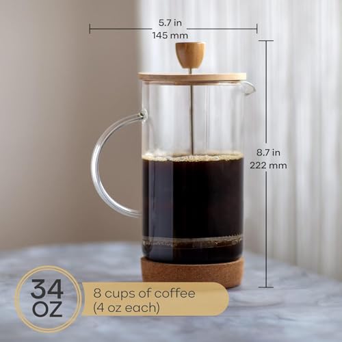 Image of French Press Coffee Maker 34 Ounce, Cold Brew Coffee Maker, Stainless Steel French Press Glass, Heat-resistant Thickened Borosilicate Glass, Eco-friendly Bamboo lid, Cork Base
