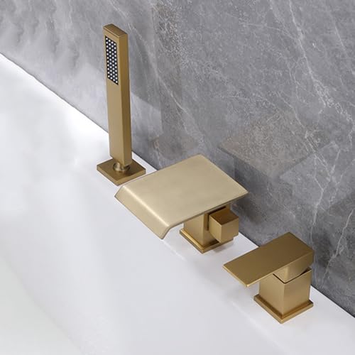 Robinet mitigeur de bain-douche cascade en laiton or brossé 3 trous - 4
