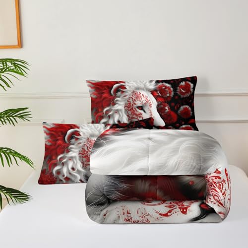 Image of Red and Black Lion Full Size Comforter Set for Men,Full Size Quilt Bedding Set Floral,Wild Animal Print Comforter Set,with 1 Comforter with 2 Pillow Case