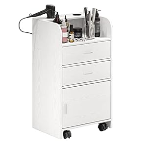 Salon Station on Wheels, Beauty Salon Station for Hair Stylist, Barber Stations Storage Cabinet with 2 Drawers & Large Cabinet, Rolling Hair Stylist Station with 2 Hair Dryer Holders, White