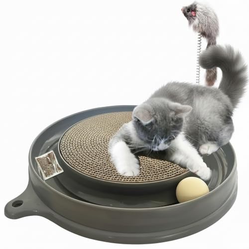 AUOON Cat Scratcher Toy with Ball Track - 3 in 1 Interactive Cat Toy Cat Scratch Pad with Cat Ball Toy and Plush Cat Mouse Toy for Indoor Cats and Kittens (Gray)