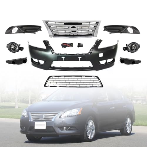 Sentra Front Bumper Cover Kit Fits 2013 2014 2015 Ni-ssan Sentra S SV SL FE+S Sedan 1.8L W/Upper Grill Lower Grille & Fog Lights - Full Body Set