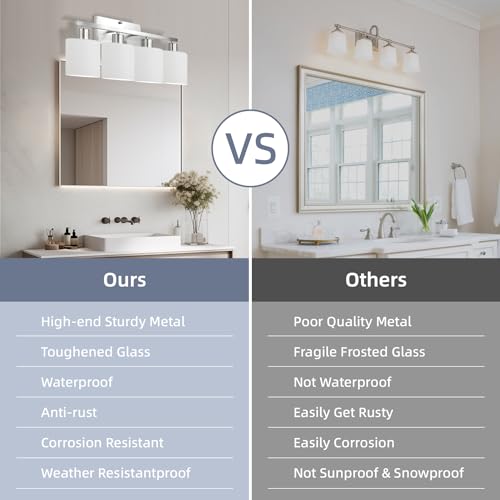 Image of CANMEIJIA 4-Light Bathroom Vanity Light Brushed Nickel E26 Glass Sconce | Modern Dimmable Milky White Shades with Waterproof Rust-resistant Finish for Mirror Restroom, Easy Installation