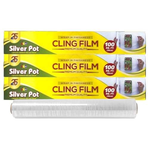 Silver Pot Premium Cling Film Promo Pack Of 3 Rolls (30 cm x 100 sq. ft. Each) Durable Food Grade Plastic Wrapping Rolls for Superior Freshness and Protection