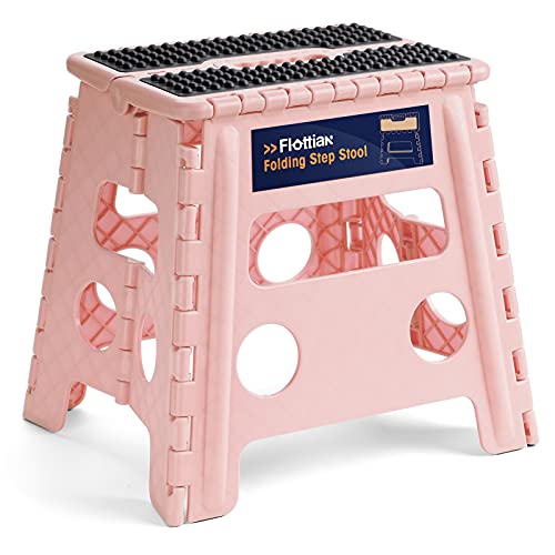 Image of Flottian 13 inch Folding Step Stool for Adults and Kids Holds Up to 300 lbs,Non-Slip Folding Stools with Handle, Compact Plastic Foldable Step Stool for Bathroom,Bedroom, Kitchen,Sakura Pink,1PC