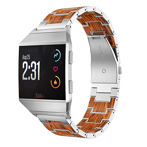 RABUZI Band Compatible for Fitbit Ionic Band,Stainless Steel Metal Inlaid with Natural Red Sandalwood Watch Strap Compatible Fitbit Ionic Smartwatch (Silver)