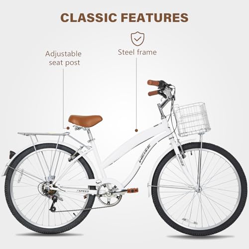 Image of WEIZE Beach Cruiser Bike, 26 inch Commuter Bicycle for Adult Men and Women, 7-Speed /High-Carbon Steel /Front & Rear Fenders, Comfortable City Bikes with Rear Rack&Basket, Ergonomic Upright Design,White