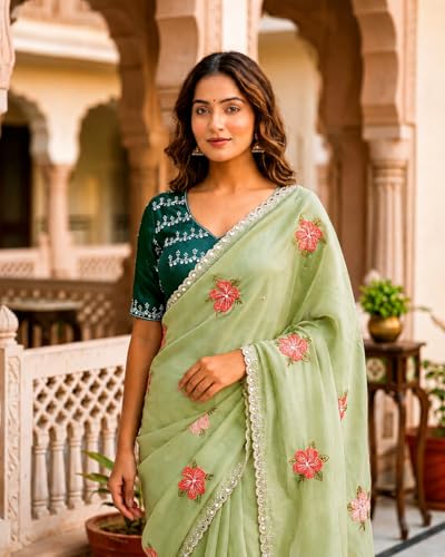 Image of Handcrafted Floral Embroidered Saree with Contrast Blouse