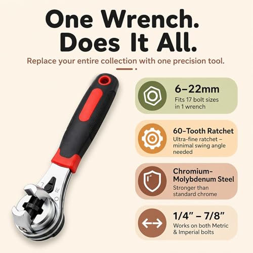 Image of Homero Adjustable Ratchet Wrench 6-22mm Universal Spanner Tool | 60 Tooth Quick Ratchet Mechanism | Chrome Vanadium Steel Multi Size Wrench | Plumbing, Car Repair, Home Maintenance Hand Tool