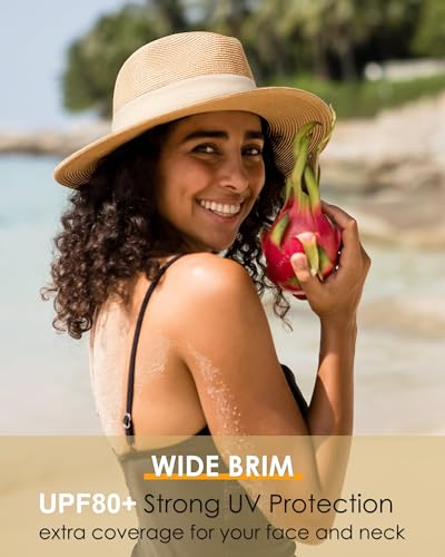 Image of FURTALK Sun Hat Wide Brim Straw Fedora Panama Beach for Men Women | Foldable & Packable for Travel, Breathable Sweatband, Adjustable Chin Strap, Ideal for Summer Boating, Gardening or Holidays