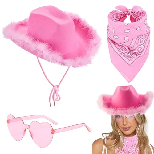 MKKZLPN Gorro de Fieltro Vaquero Rosa Sombrero de Vaquero Rosa Sombreros De Vaquera con Tiara Bandana Gafas de Sol Pendientes Mujer Fiesta Temática de Vaquero Accesorios