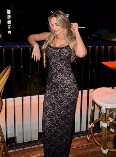 Image of Women's Lace Maxi Dress Spaghetti Strap Slim Fit Sleeveless Gown with Lace Bust for Evening & Party