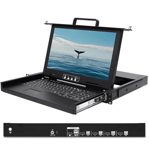 Image of 4 Port Rack Mount KVM Console w /15.6 inch 1080P Rackmount Monitor, 1U HDMI KVM Switch Drawer + Keyboard + Touchpad + 4 USB HDMI KVM Cable, OSD Hotkey Button Switching for Shallow Depth 24 inch Network Cabinet
