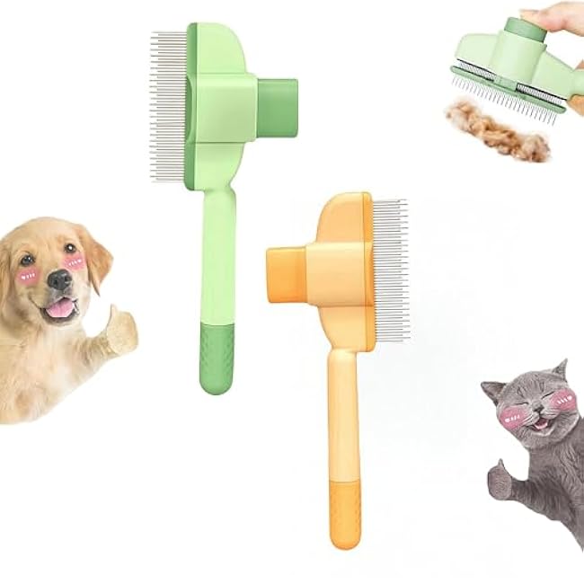Zen Brush for Cats & Dogs, Avatore Zenbrush Pet Comb, Self-Cleaning Grooming Brush, Stainless Steel Teeth for Shedding Hair Removal 2-pack (Green+Yellow)-vQ3ECh7u