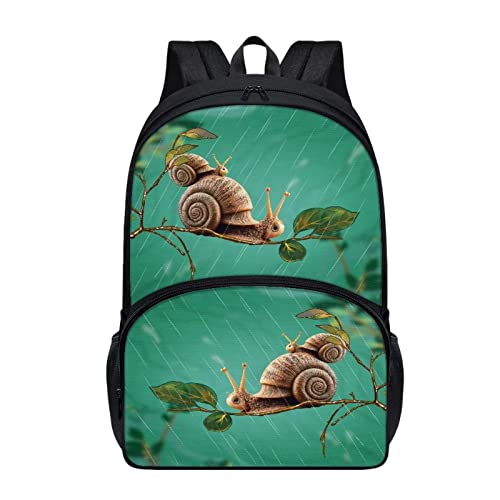 Kids Personalized Bookbag Green Cartoon Snail Print Backpack for School Student Adjustable Straps Girls Boys Padded Casual Backpack with Front Pocket Teens Daypack