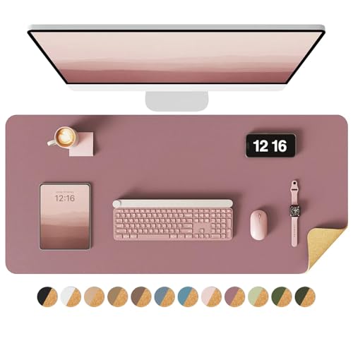 YSAGi Double-Sided Desk Mat, Eco Cork & Leather Desk Protector, Large Mouse Pad & Writing Pad for Office & Home (35.4"x17", Cork + Dark Pink) Cork+dark Pink 35.4"x17"