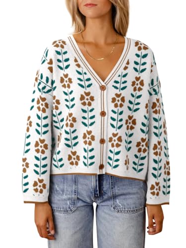Saodimallsu Womens Floral Print V Neck Cardigan Open Front Button Down Knit Sweater Long Sleeve Loose Fashion Tops White