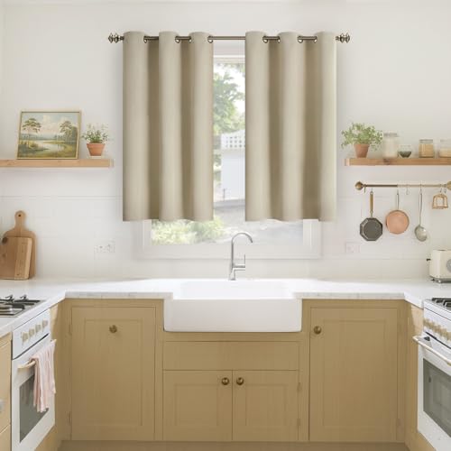 Image of YoungsTex Blackout Curtains 45 Inch Length for Bedroom Window - Short Thermal Insulated Drapes with Grommet Privacy for Bathroom Kitchen Windows, 2 Panels, Beige, 34 x 45 Inch