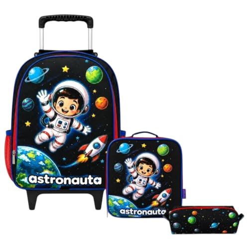 Kit Mochila de Rodinhas Escolar Infantil Menino Bolsa Masculina + Lancheira Térmica + Estojo