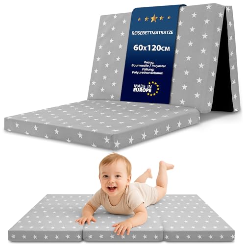 Klappmatratze Faltbare Reisebett Baby Matratze 60x120 cm - Faltmatratze für Kinder Gästematratze klappbar Babymatratze Bodenmatratze Schlafmatratze und Reisematratze 60 x 120 cm Sterne und Grau