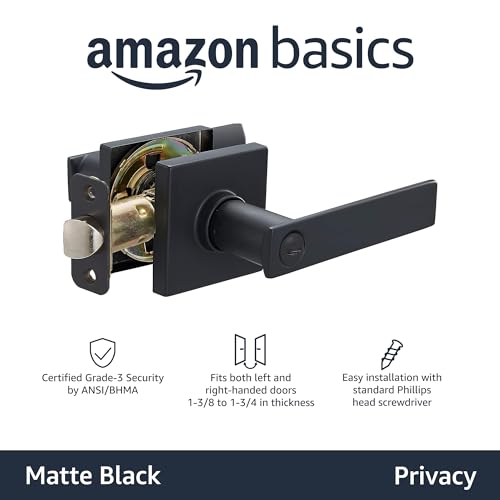Image of Amazon Basics Contemporary Stamford Privacy Door Lever, Easy Installation, Matte Black, 2-Pack