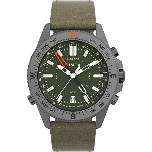 Timex Mens Expedition North Tide Temp Compass 43mm Watch - Brown Strap Green Dial Gunmetal Case