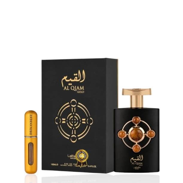 Perfume QIAM GOLD Eau de Parfum 100ml Original | Unisex Intensamente Amaderado y Oriental | Larga Duración con Notas de Oud y Azafrán + Regalo Atomizador Recargable 5ml Drikanbest 5ml