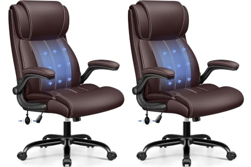 Image of BESTFAIR Ergonomic High Back Office Chair, Adjustable Lumbar, Coffee 2 Pack | Inflatable Lumbar Support For Custom Comfort, Flip-Up Arms, 21 inch Wide Seat, Scratch-Resistant Pu Leather, Rocking & Heavy-Duty