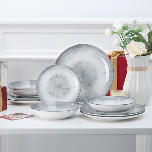 Image of Bestone Porcelain Dinnerware Sets Service for 4, 12 pcs Hand drawn Plates and Bowls Sets, Handmade Ceramic Dish Set, Chip Resistant Modern Plate Set, Dishwasher /Microwave Safe,Gray