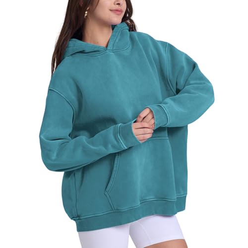 Image of FAIABLE Womens Oversized Acid Wash Hoodie Unisex Heavyweight Cotton Hoodies Fleece Vintage Washed Sweatshirt Women Men