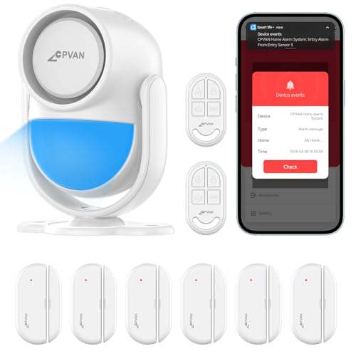 CPVAN Home Alarm System, WiFi PIR Motion Sensor Alarm, Wireless DIY Smart Door/Window Alarm for Home Security with Phone APP Alert 9 Pieces-Kit (Indoor PIR Alarm Host, 6 Door Sensors, 2 Remotes)