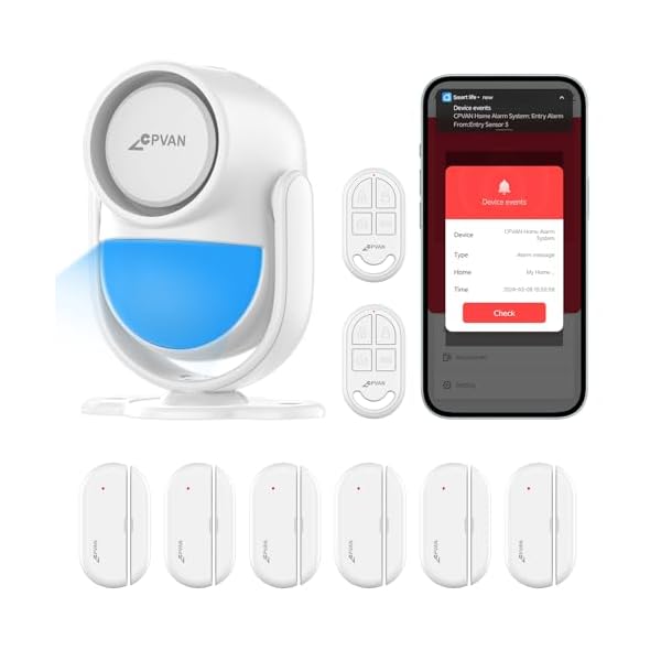 CPVAN Home Alarm System, WiFi PIR Motion Sensor Alarm, Wireless DIY Smart Door/Window Alarm for Home Security with Phone APP Alert 9 Pieces-Kit (Indoor PIR Alarm Host, 6 Door Sensors, 2 Remotes)