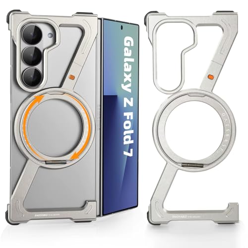 Image of Z Shaped Metal Frameless Phone Case for Samsung Galaxy Z Fold 7 with Wireless Charging | Minimalist Bezel Less with 360 Magnetic Ring Kickstand (Grey)
