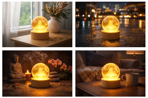 Image of 3D Crystal Ball Night Lamp - LED USB Decorative Light with Wooden Base - Laser Engraved Adiyogi Design for Home Decor & Gifting